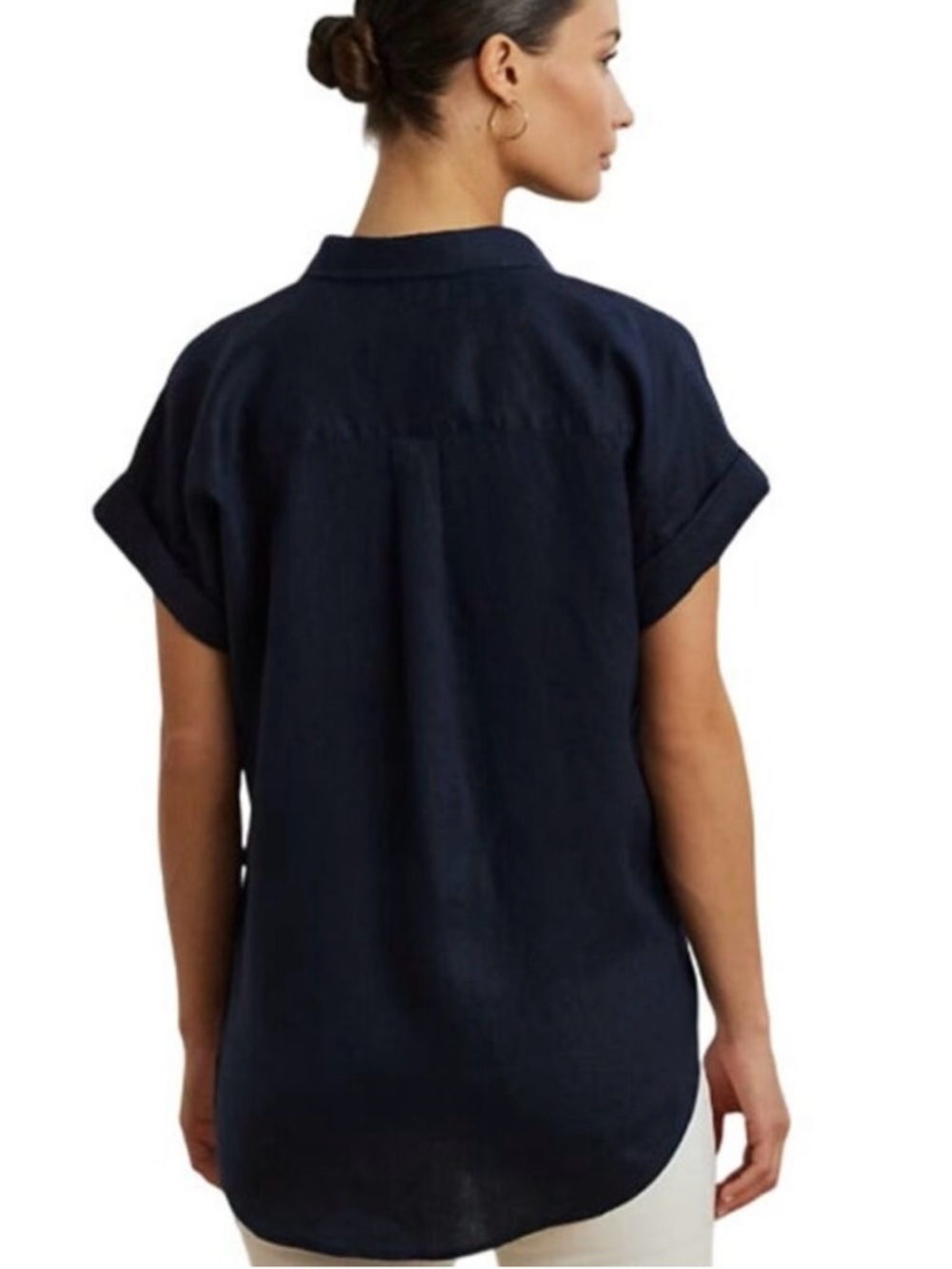 NWT Lauren Ralph Lauren Navy Blue Linen Short Sleeve Shirt - Picture 3 of 12